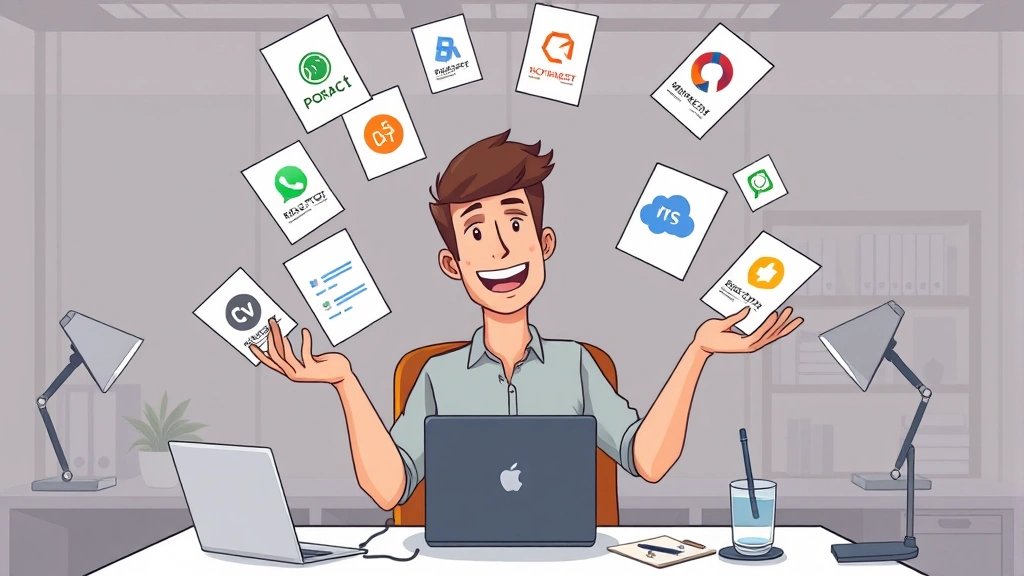 Cartoon illustration of a freelancer juggling multiple project files and client logos in the air while sitting at desk, dynamic action pose, confident smile, modern professional setting, no text