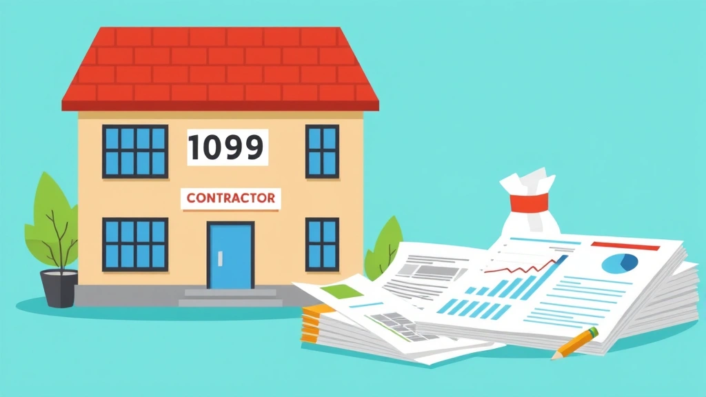 Financial planning concept showing 1099 contractor building emergency fund and planning quarterly taxes with charts and documents, cartoon style