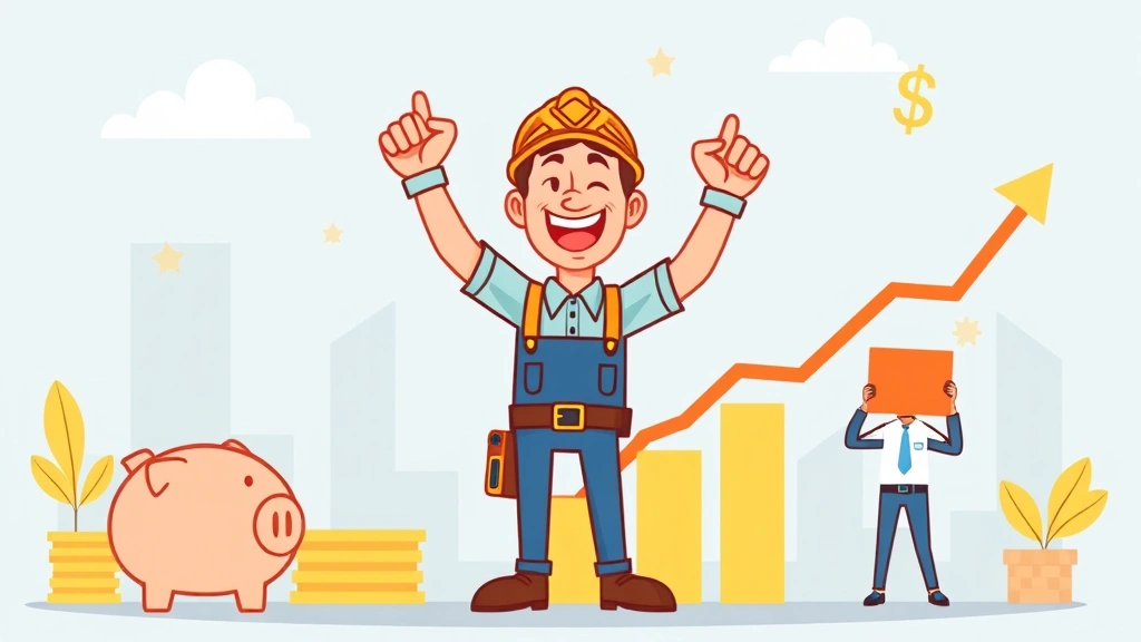 Contractor celebrating financial success with growing income chart, piggy bank, and business growth symbols, cheerful cartoon style