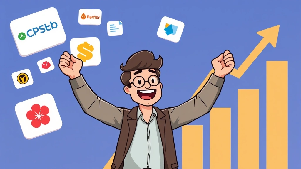 Cartoon scene of a freelancer celebrating success with multiple client logos floating around, handshake icons, and upward trending arrow chart showing business growth