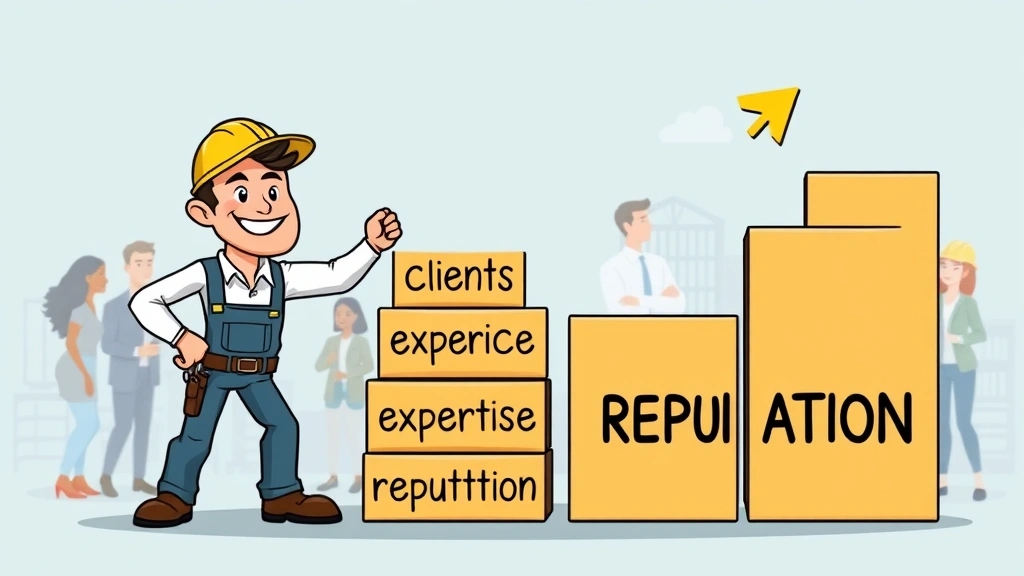 Cartoon illustration of a contractor building a growing business with stacked blocks labeled 'clients', 'expertise', 'reputation', forming an upward arrow, diverse professionals collaborating in background, optimistic and professional tone