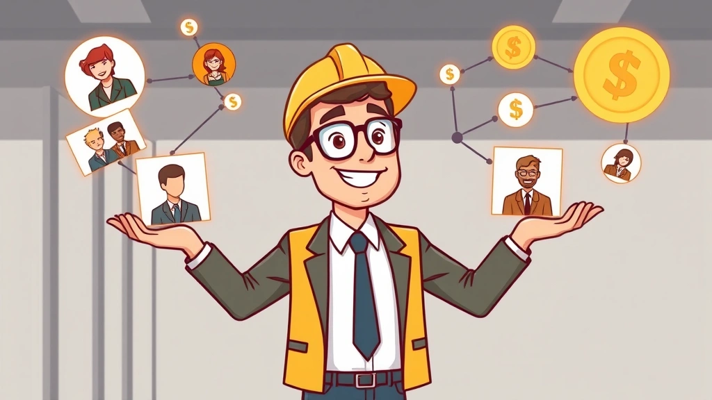 Cartoon independent contractor juggling multiple client relationship icons, networking connections, and dollar signs, balanced confident pose, modern professional setting