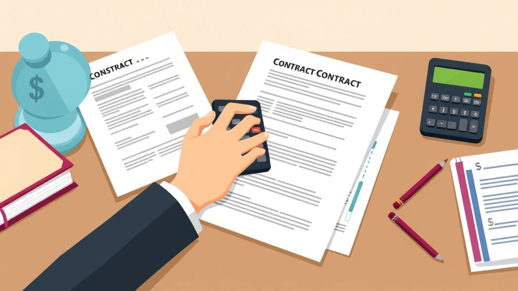 Person reviewing contract documents with calculator, money, and tax forms organized on desk, professional cartoon style with neutral background