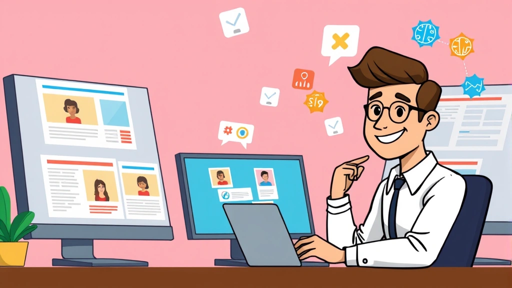 Cartoon professional reviewing multiple client projects on computer screens, juggling work-life balance symbols, organized and happy demeanor