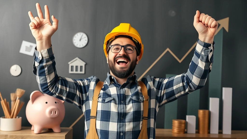 Cheerful independent contractor celebrating financial success with upward trending graph, piggy bank, and business growth symbols in background