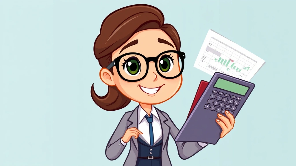 Cartoon accountant or financial advisor character with calculator, spreadsheet, and tax documents, showing organized files and financial planning, professional business attire, confident demeanor