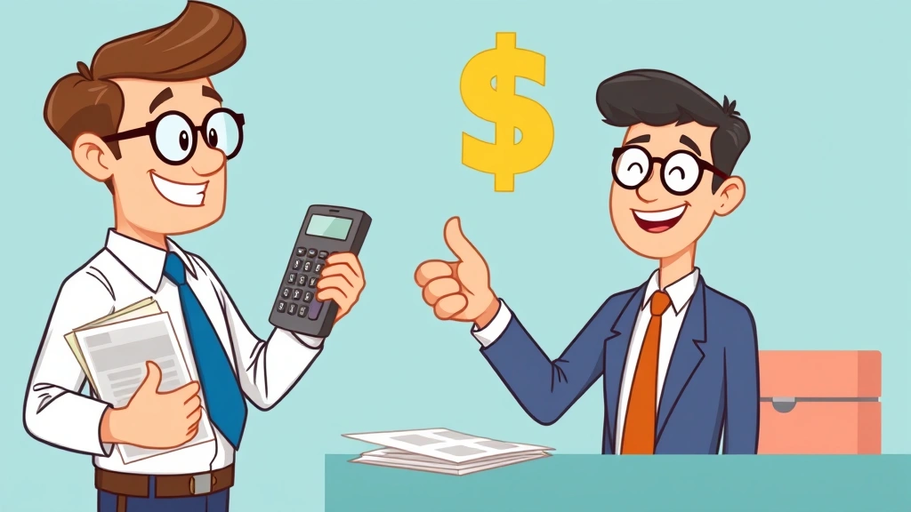 Cartoon accountant or financial advisor with calculator, tax documents, and dollar signs, explaining deductions and payments to a happy freelancer with thumbs up
