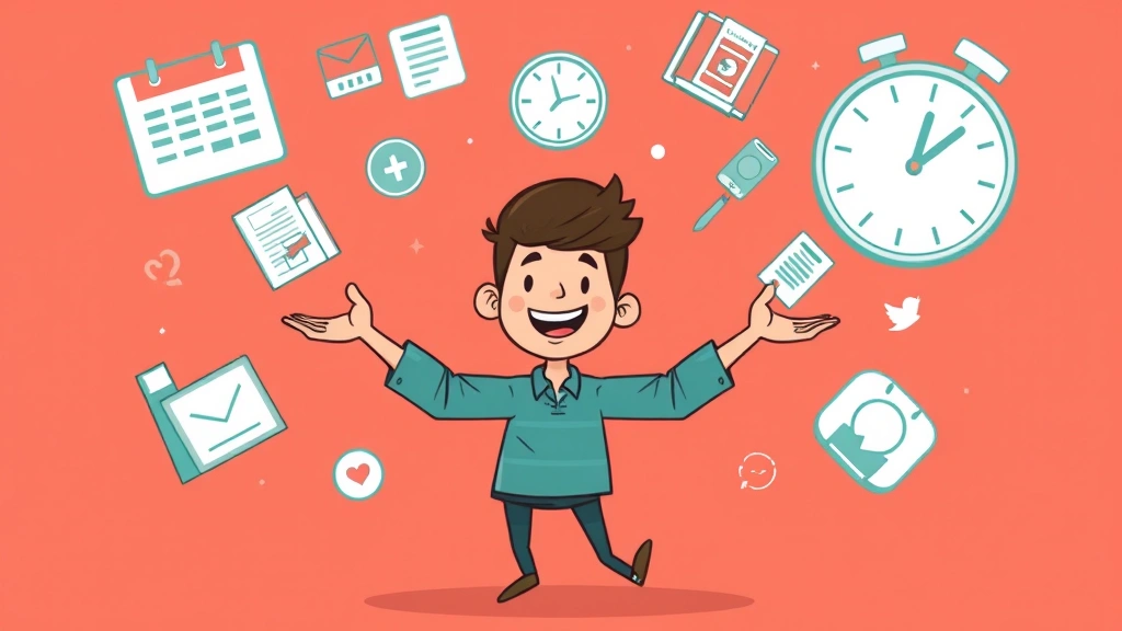 Cartoon character juggling multiple projects and clients, calendar and clock icons floating around, depicting work-life balance and time management for freelancers