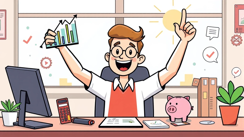 Cartoon freelancer celebrating at desk with rising graph chart, calculator, and piggy bank, surrounded by checkmarks and completed project icons, sunny window in background, happy motivated expression
