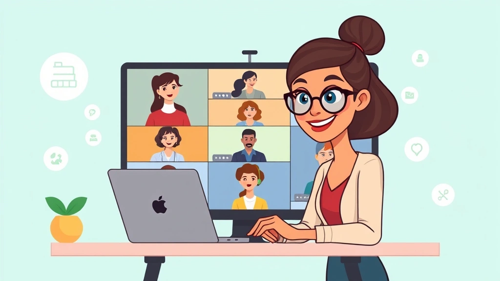 Cartoon woman freelancer networking at virtual conference, connecting with diverse professionals on video calls, building partnership icons and relationship networks, modern digital workspace