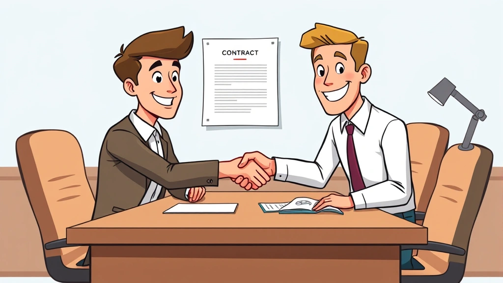 Freelancer shaking hands with client across desk, contract document visible, both smiling confidently, professional business meeting cartoon illustration