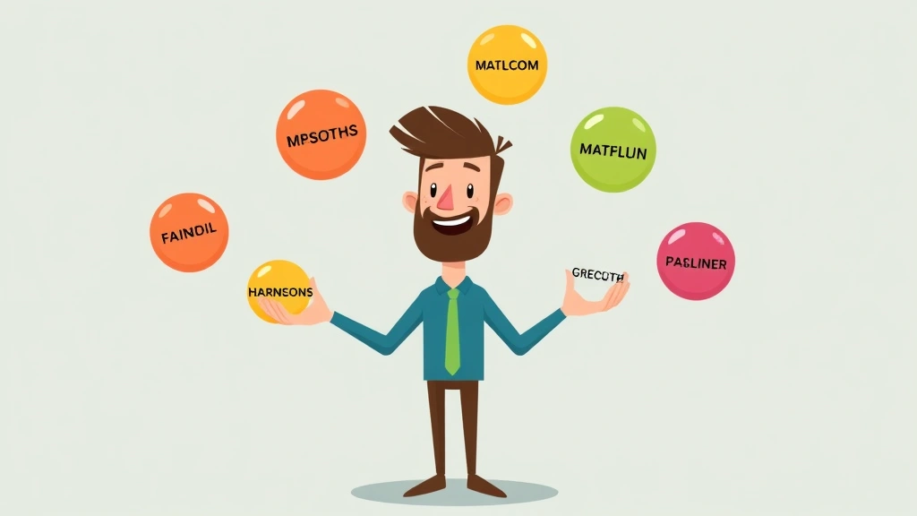 Cartoon graphic showing freelancer juggling multiple client projects with different colored balls labeled with client names, representing diverse income streams and workload management