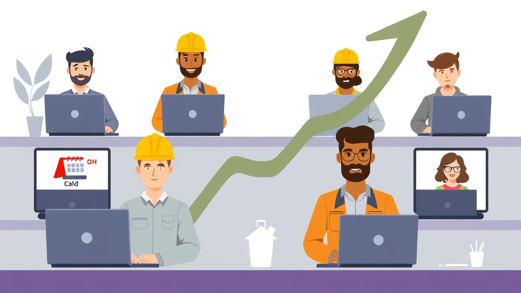 Cartoon diverse group of contractors working on laptops from different locations, video call screens showing, calendar and clock icons, growing upward arrow overlay