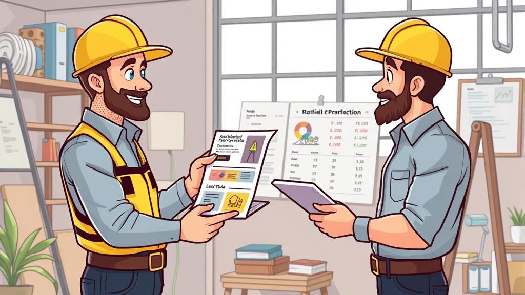 Contractor confidently presenting portfolio and pricing to potential client, professional presentation setting, successful negotiation moment, cartoon illustration