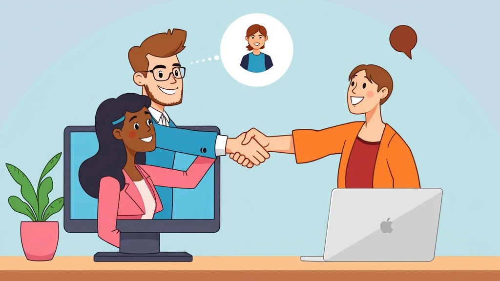 Cartoon diverse freelancers connecting virtually on computer screens, shaking hands digitally, representing remote work collaboration and client relationships