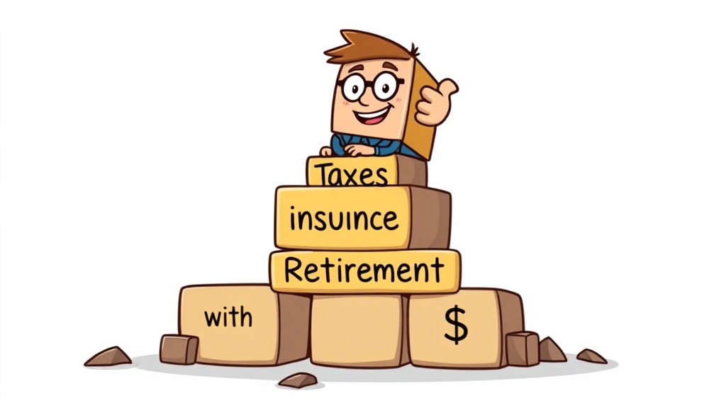 Cartoon character building business foundation with blocks labeled taxes, insurance, retirement, and savings