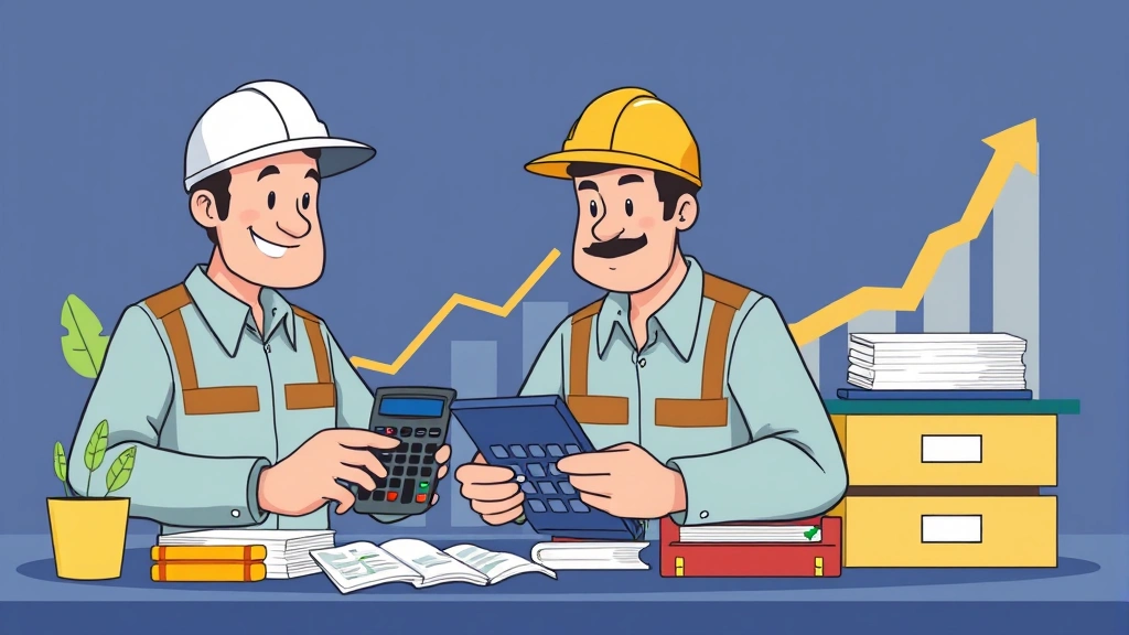 Cartoon professional contractor organizing finances with calculator, spreadsheet, and filing system, with growth chart showing upward trend in background