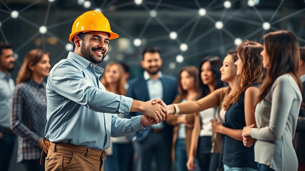 Cheerful contractor shaking hands with multiple clients in a network, diverse group of people connected by digital lines, representing business growth and relationships