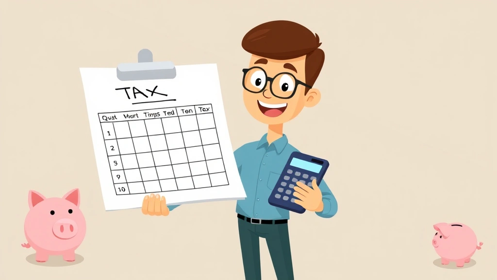 Cartoon character holding large checklist with tax documents, calendar showing quarterly dates, calculator, and piggy bank, representing financial planning and tax management for self-employed workers
