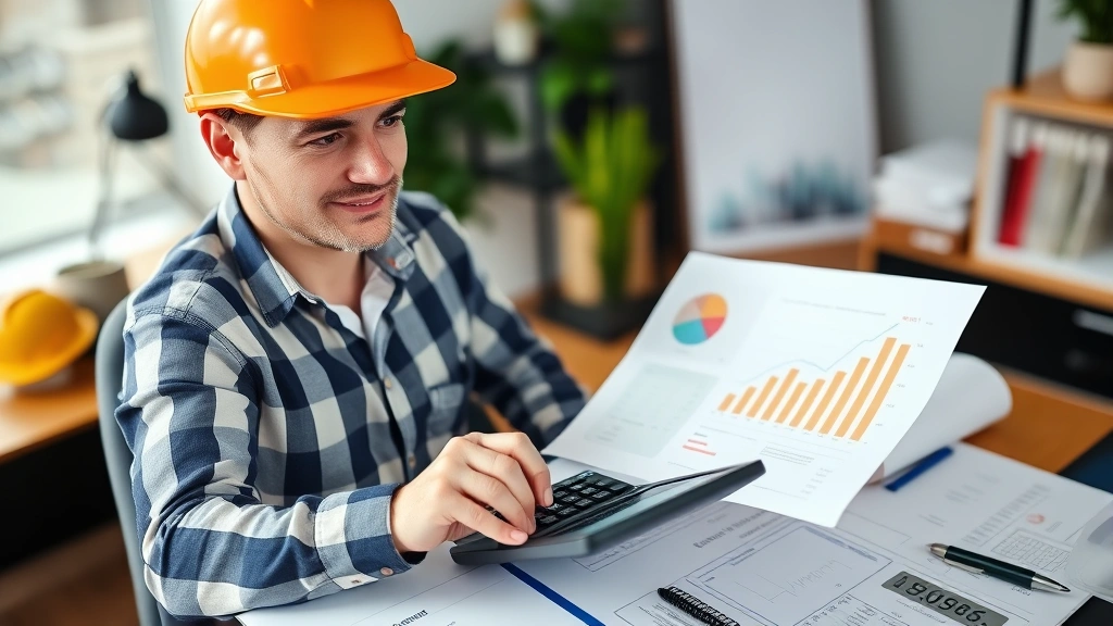 Confident contractor reviewing financial documents and tax forms with calculator, growth chart showing upward income trend, organized business files and payment records, professional home office setup