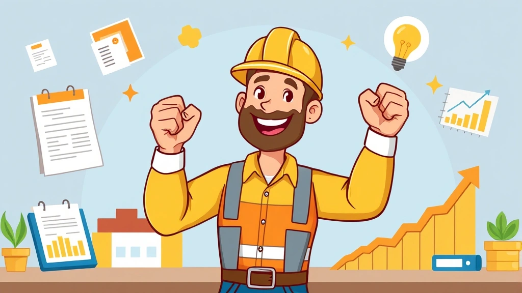 Happy contractor celebrating successful project milestone with fist pump, surrounded by invoices, calendar, growth chart, and business success symbols, cheerful cartoon style, professional setting