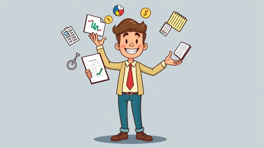 Cheerful cartoon character juggling multiple projects simultaneously while holding calendar and invoice pad, representing independent contractor flexibility and diverse work opportunities