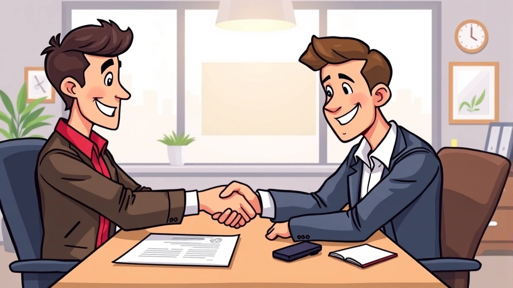 Cartoon freelancer shaking hands with client across desk, contract document visible, both smiling, professional office setting with success indicators