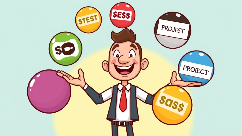 Cartoon character juggling multiple client projects with different colored balls, showing busy 1099 contractor balancing multiple income streams successfully
