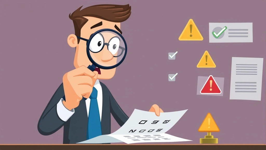 Cartoon businessman reviewing contract documents with magnifying glass, checking off boxes, with success checkmarks and warning signs visible, professional evaluation scene