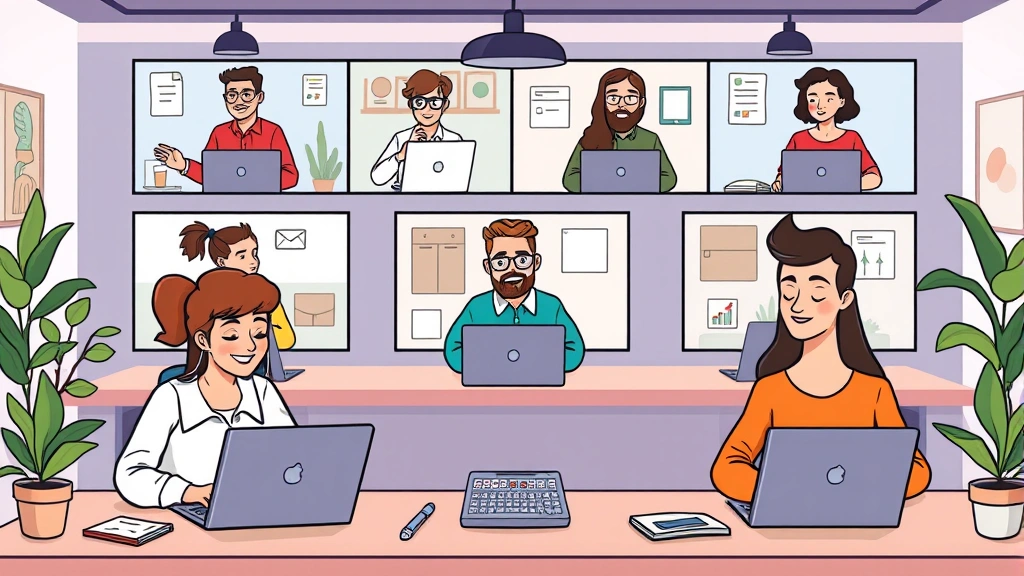 Cartoon diverse freelancers video conferencing with clients from different industries, all working from laptops in creative spaces