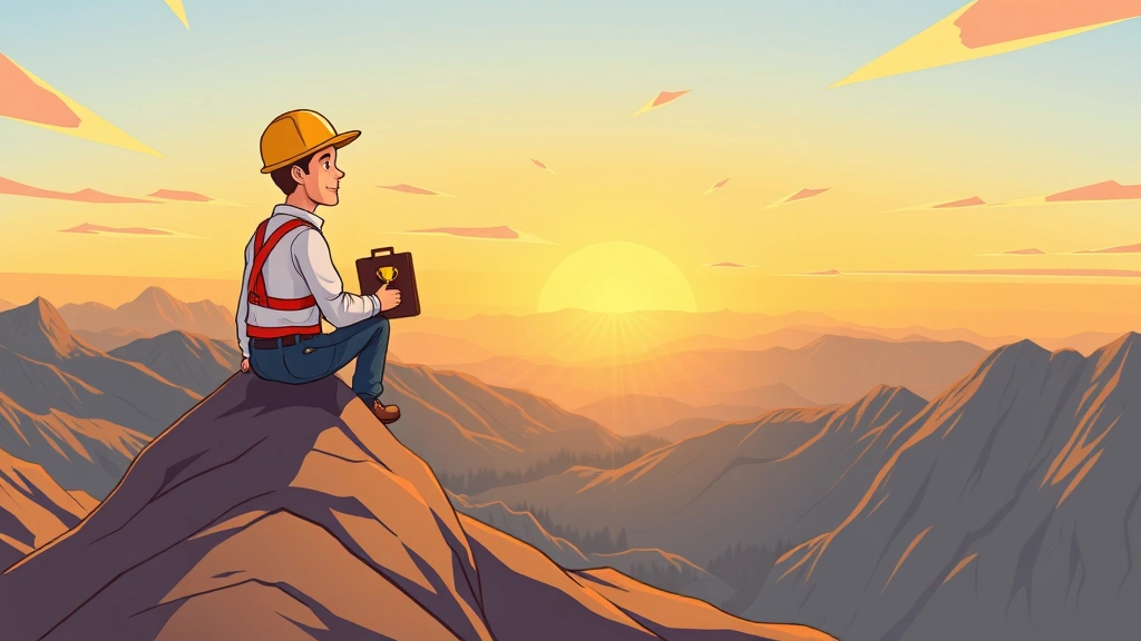Cartoon contractor sitting on mountain peak holding briefcase and trophy, looking over landscape of opportunities below, successful and accomplished expression, sunrise background