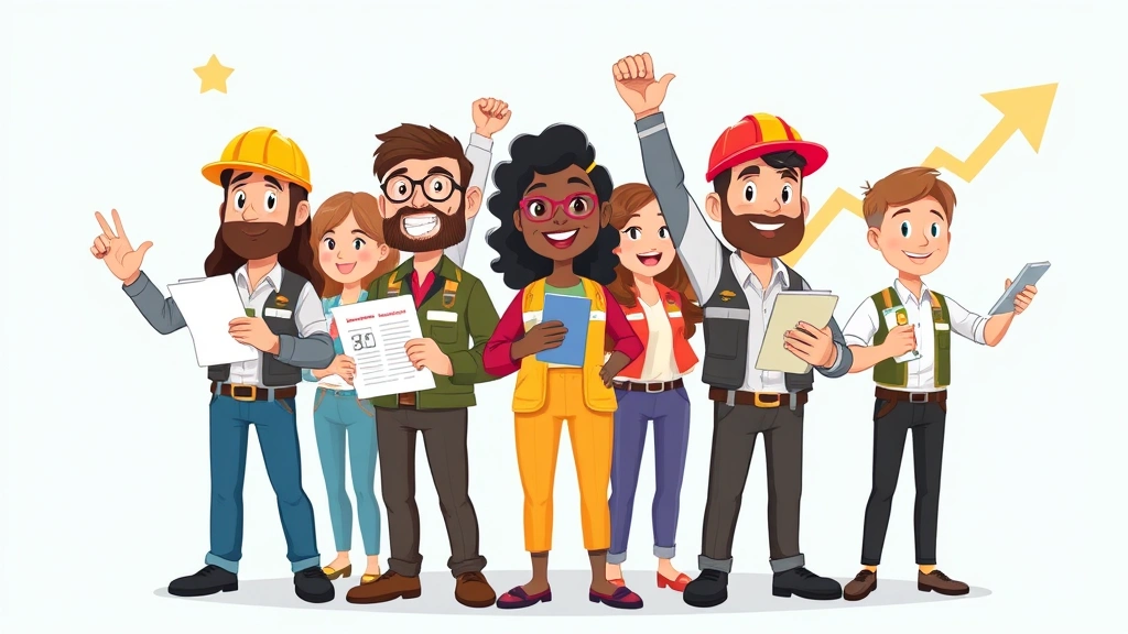 Cartoon illustration of diverse contractors celebrating financial success with tax documents, calculator, and upward trending charts, professional achievement theme