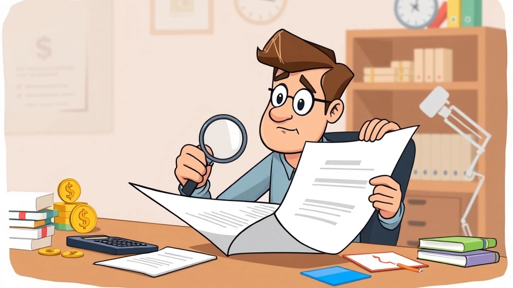 Cartoon man reviewing contract document with magnifying glass, calculator and money symbols nearby, thoughtful expression, professional workspace, representing contractor financial planning and rate negotiation