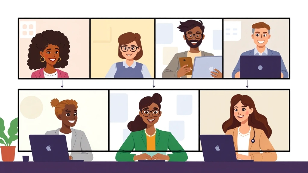 Cartoon diverse professionals collaborating remotely through video call screens, representing global 1099 opportunities and flexible work arrangements, modern and inclusive illustration