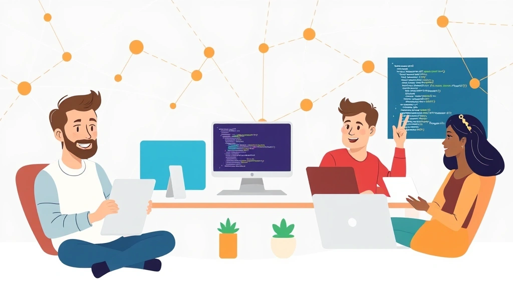 Cartoon diverse group of freelancers - designer with tablet, developer with code screen, consultant with presentation, all working remotely from different locations, connected by digital network lines