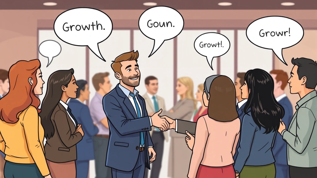 Cartoon entrepreneur networking at business event, shaking hands with multiple people, thought bubbles showing growth and connections, diverse group