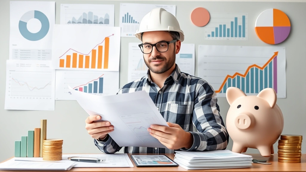Confident contractor reviewing financial documents and tax forms, surrounded by charts and graphs, piggy bank and savings growth visualization, representing financial planning and stability