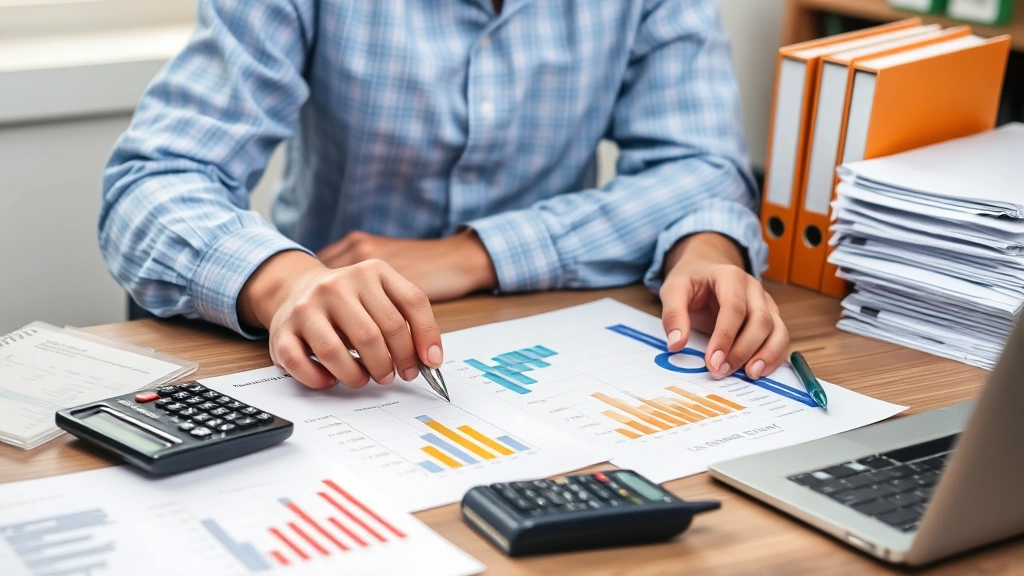 Successful freelancer reviewing financial charts and invoices at desk, calculator and organized files nearby, representing business management and growth planning